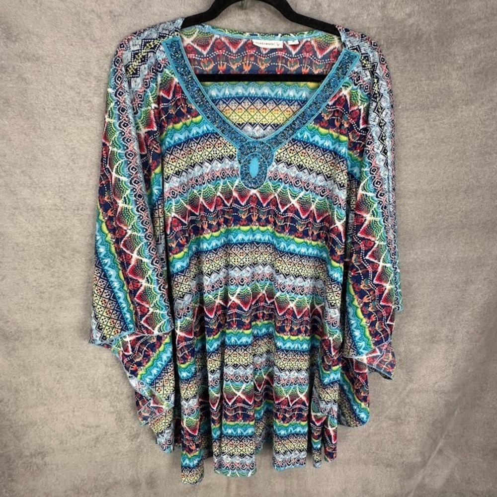 Susan Graver Top Womens 3X Blue Sequins Short Sleeve Sheer Lightweight Boho